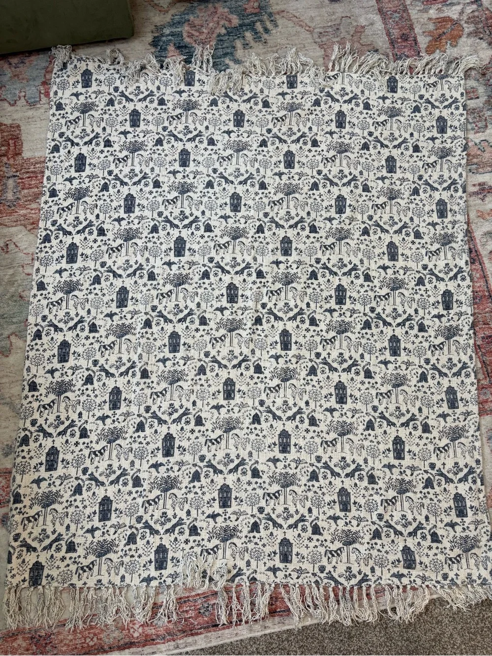 Cottagecore English Countryside Horse Throw Blanket Fringe Blue Cream 48” x 58”